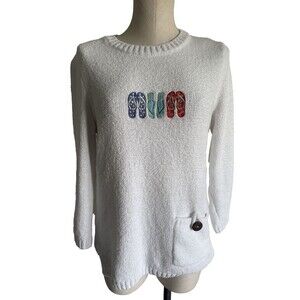 LuLu B White Chenille Embroidered Soft Comfy Casual Sweater Top Small